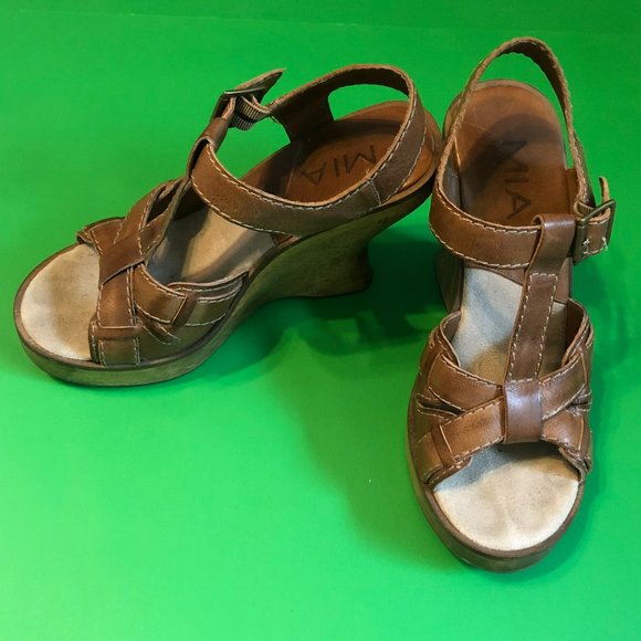 Mia Joplyn Brown Leather/Wood Wedge Sandals, Size 8, Excellent Condition - Picture 4 of 12